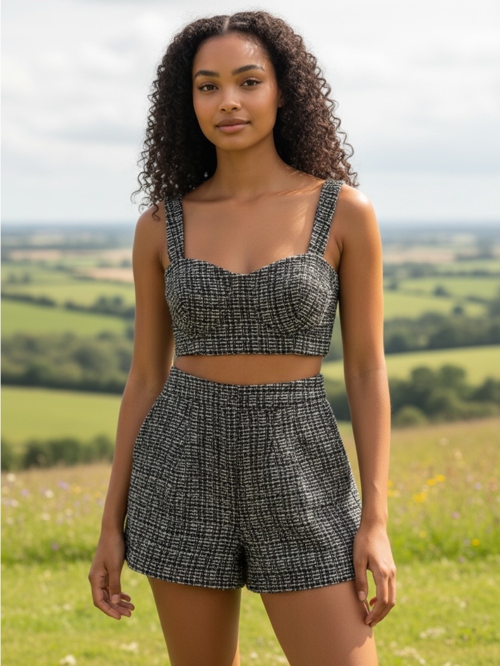 Miss Selfridge tweed set-fitted bustier bodice and pleat-detailed shorts.-Size 2